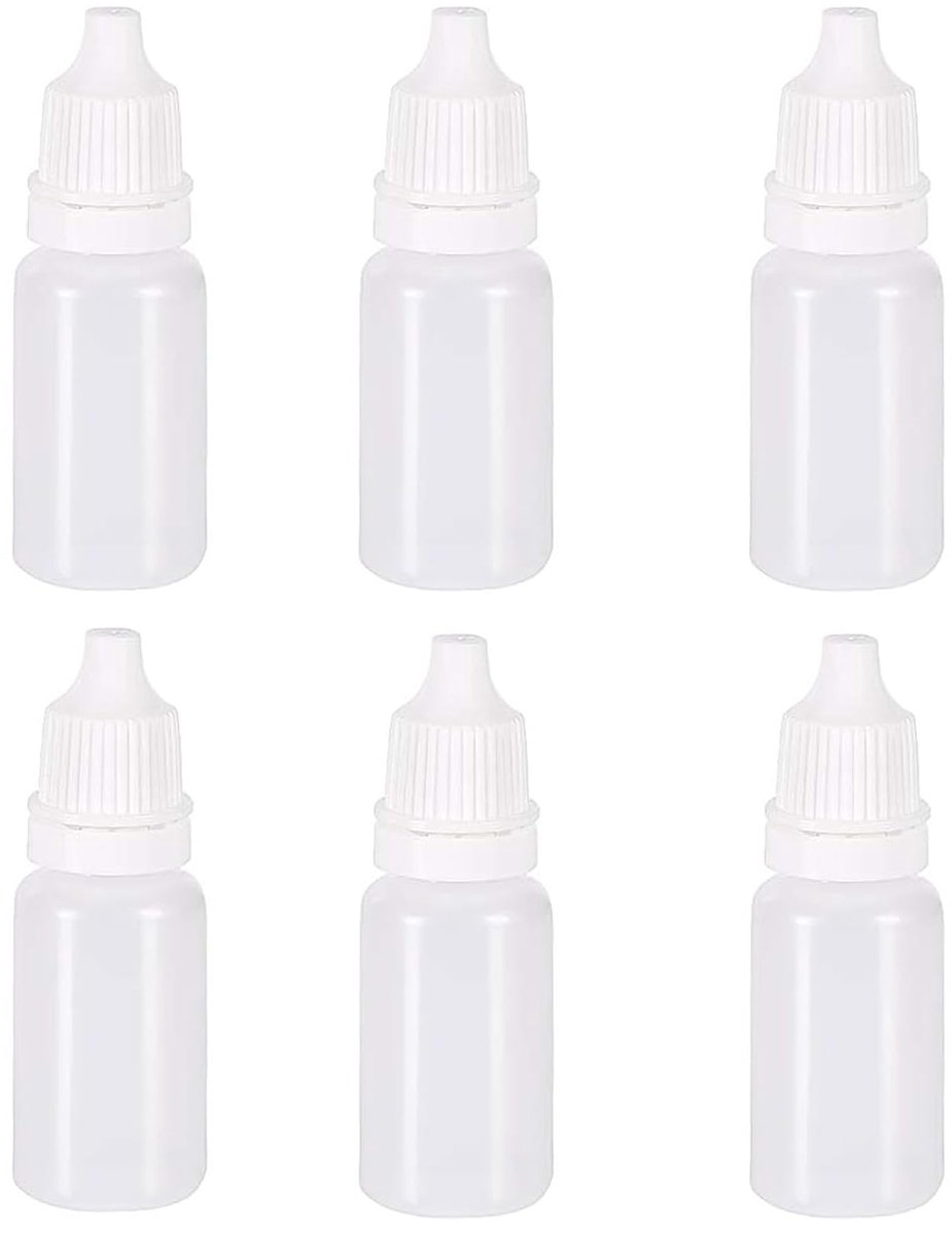 Druppelflessen, 6 stuks, draagbare druppelcontainer, lege plastic fles, zachte plastic fles, comprimeerbaar, wit, voor oogdruppels