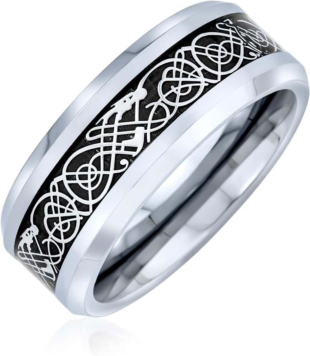 Two Tone Keltische Knoop Draak Koolstofvezel Inlay Koppels Zilver Goud Tonen Titanium Trouwring Ringen Voor Mannen Voor Vrouwen Comfort Fit 8 MM Breed In Blauw Zwart Gouden Kleuren