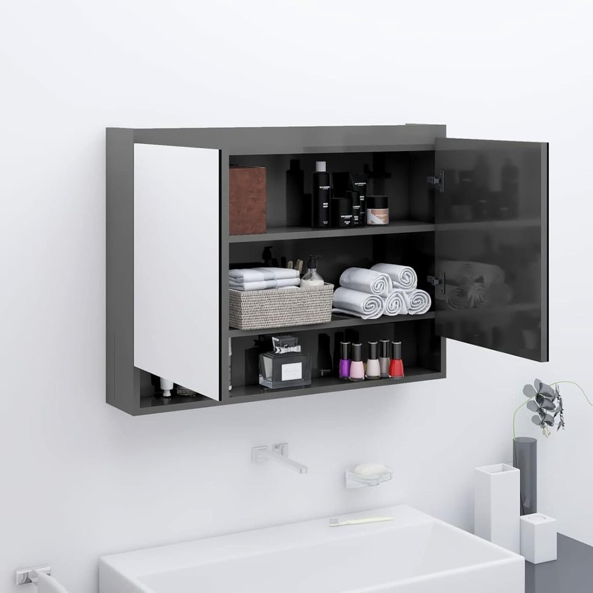 Kast wandkast hangkast badkamer kast met spiegel MDF hoogglans grijs 80 x 15 x 60 cm