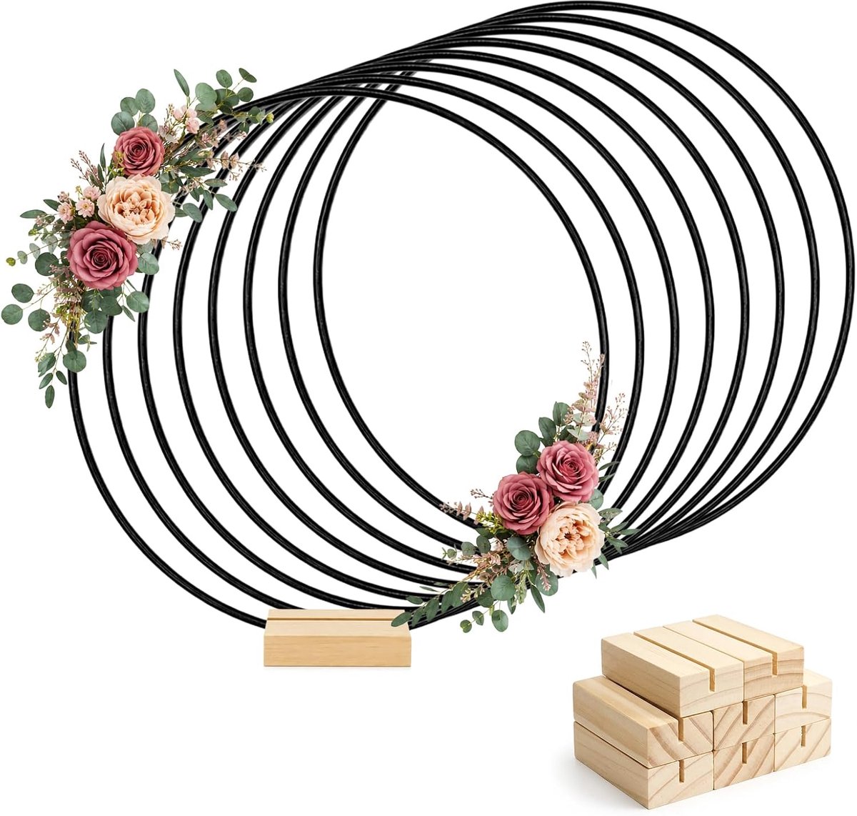 8 stuks metalen ringen voor knutselen, 30 cm, zwart, met houten standaard