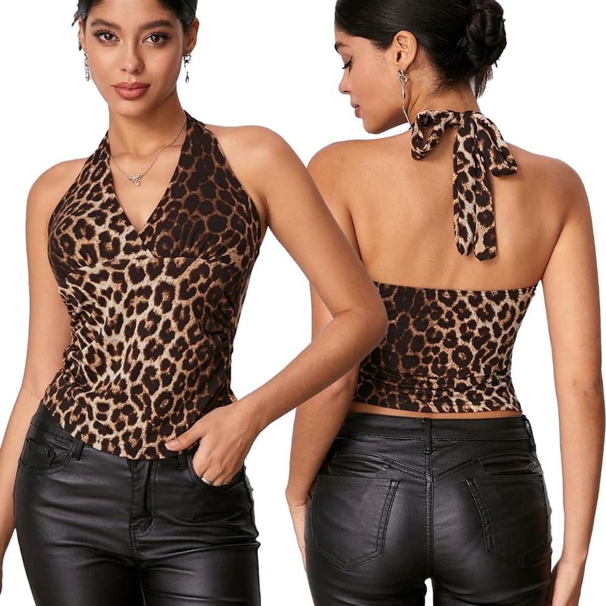 Haltertop Luipaardprint Wikkeltop Mouwloze Top V Hals Zomer Uitgaans Slim Fit Top Voor Vrouwen Feest Vakantie Casual