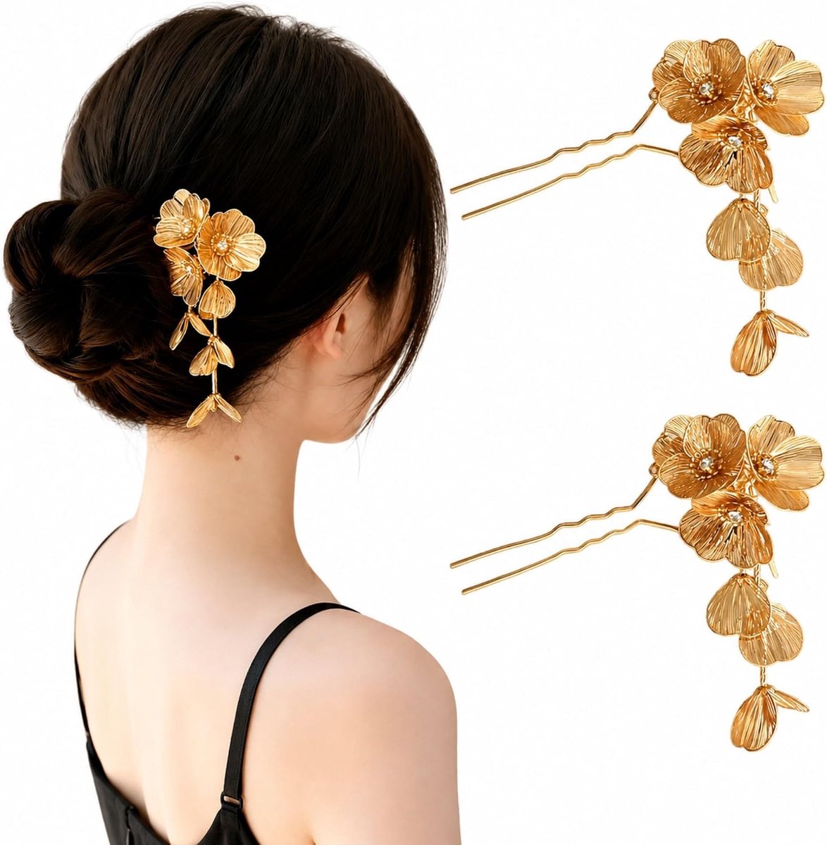 2 stuks bloem bruid haarspeld gouden haarspeld glanzende chignon pins voor dames broodje decoratief haar vast kapsel