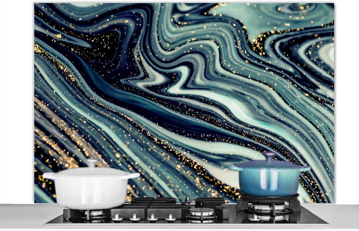 Spatscherm Keuken - 120x80 cm - Marmer - Goud - Blauw - Glitter - Marmerlook - Abstract