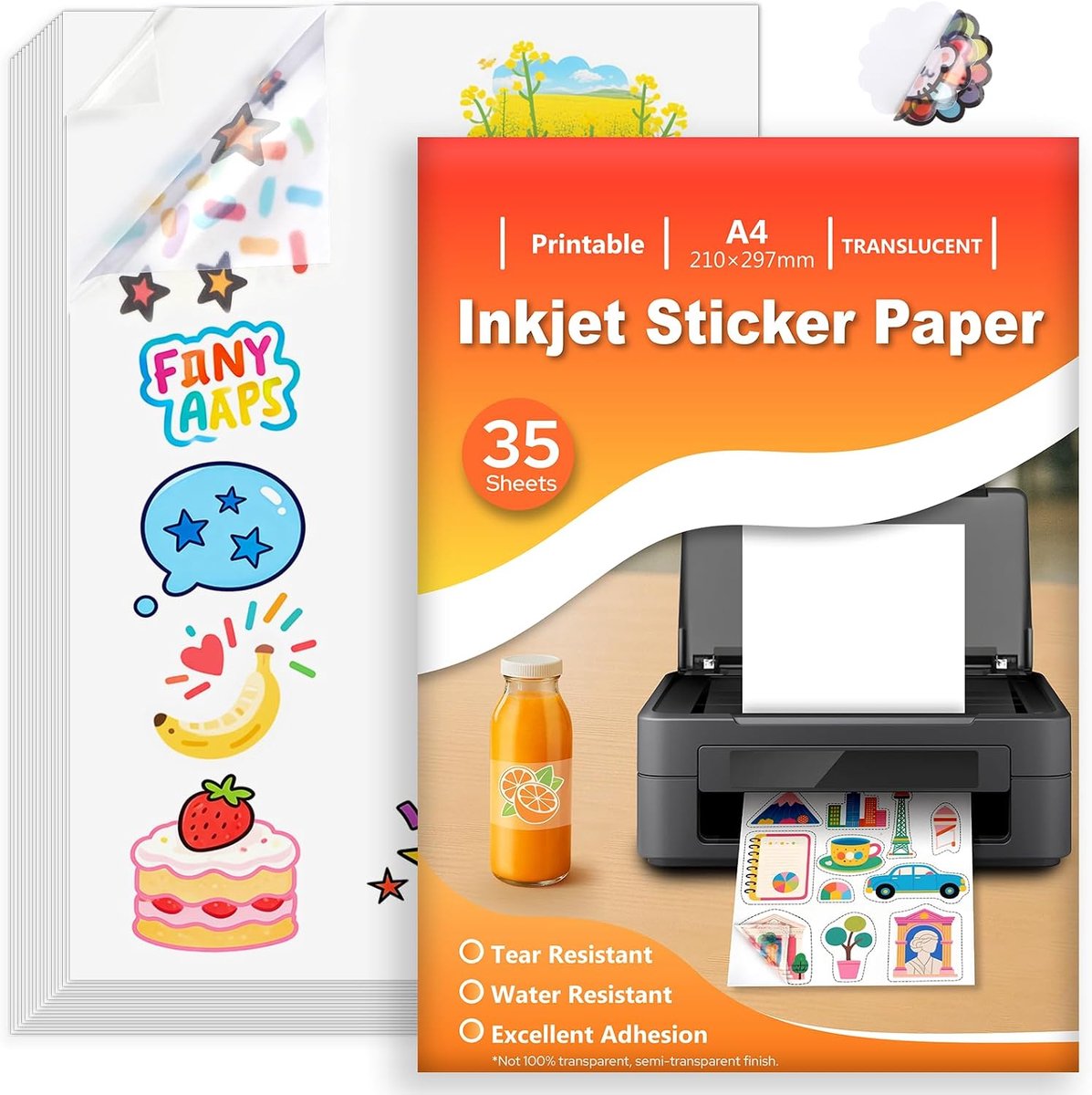 35 Vellen Stickerpapier voor Printer A4, Translucent Waterdichte Printbare Vinyl Stickerpapier, Zelfklevende Volledige Pagina voor Inkjetprinters, Sneldrogend, 210x297mm