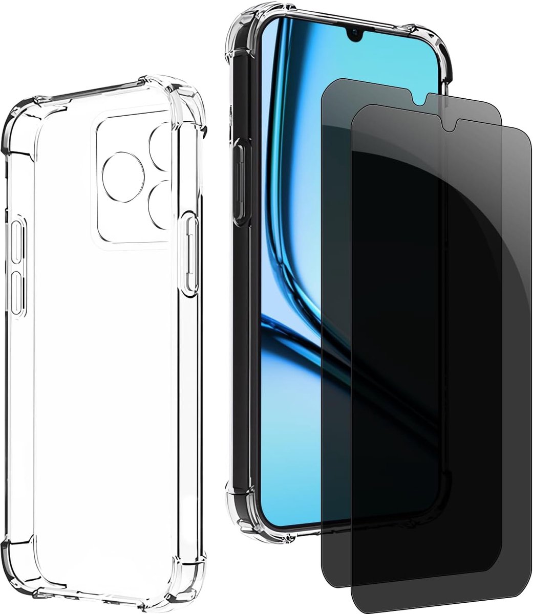 Inkijkbescherming voor Realme Note50, 1 TPU-hoes met 2 stuks pantserglas, 9H glas, anti-spy folie, transparante siliconen beschermhoes, anti-geel, slank