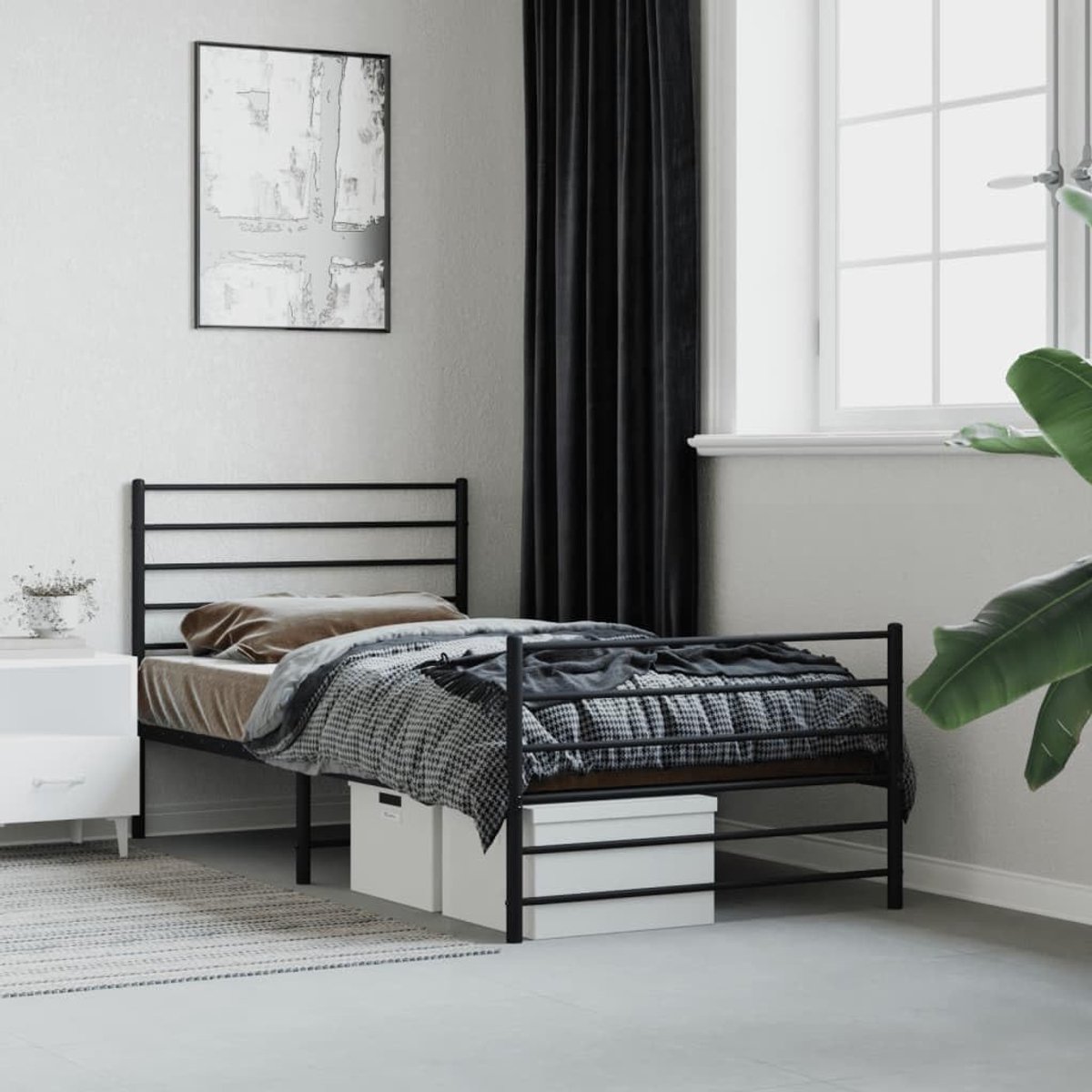 Bedframe met hoofd- en voeteneinde, metaal, zwart, 90 x 200 cm, bedframe voor slaapkamer, hotel, bedframe voor woonkamer, slaapkamer