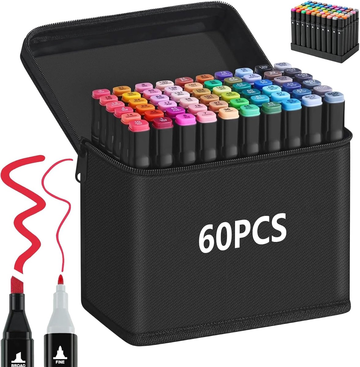 Markers met twee punten, viltstiften, dik en dun, grafische stiften, permanente kunstmarkeerset met draagtas, dubbele marker om te tekenen, vorm te geven