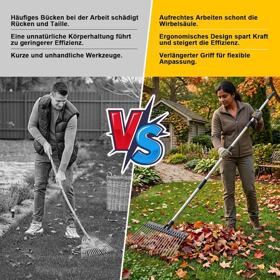 Garden Rake with Adjustable Handle, Wide Garden Rake with 22 Spring Steel Teeth for Lawn, Leaves and Soil, Robust Lawn - ShopVlot — afbeelding 3