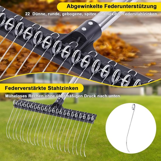 Garden Rake with Adjustable Handle, Wide Garden Rake with 22 Spring Steel Teeth for Lawn, Leaves and Soil, Robust Lawn - ShopVlot — afbeelding 2