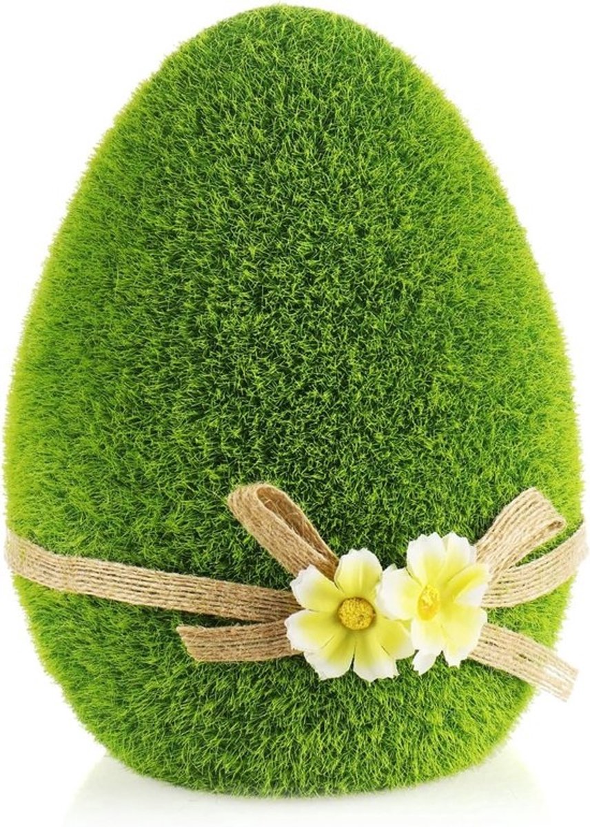 Groen keramieken sierfiguur - Paasei met bloemen en strik - 18 cm - Paasdecoratie