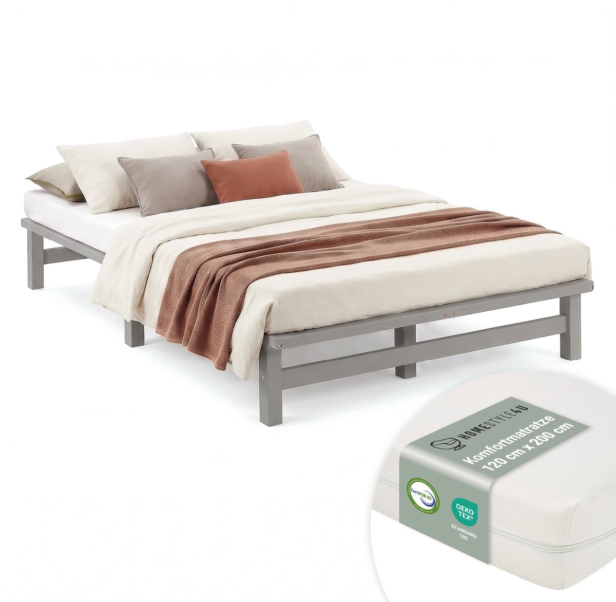Homestyle4u Twijfelaarbedden - 120x200 cm - met Matras - Massief Houten Bed -Grijs