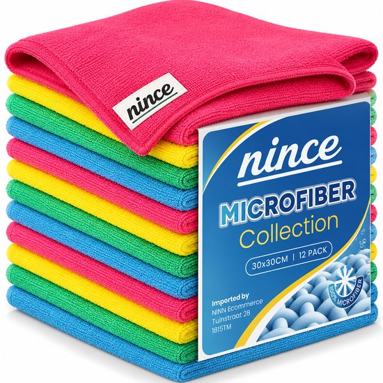Stapel van 12 microvezeldoekjes in roze, geel, groen en blauw, met een 'nince' label op het bovenste doekje.