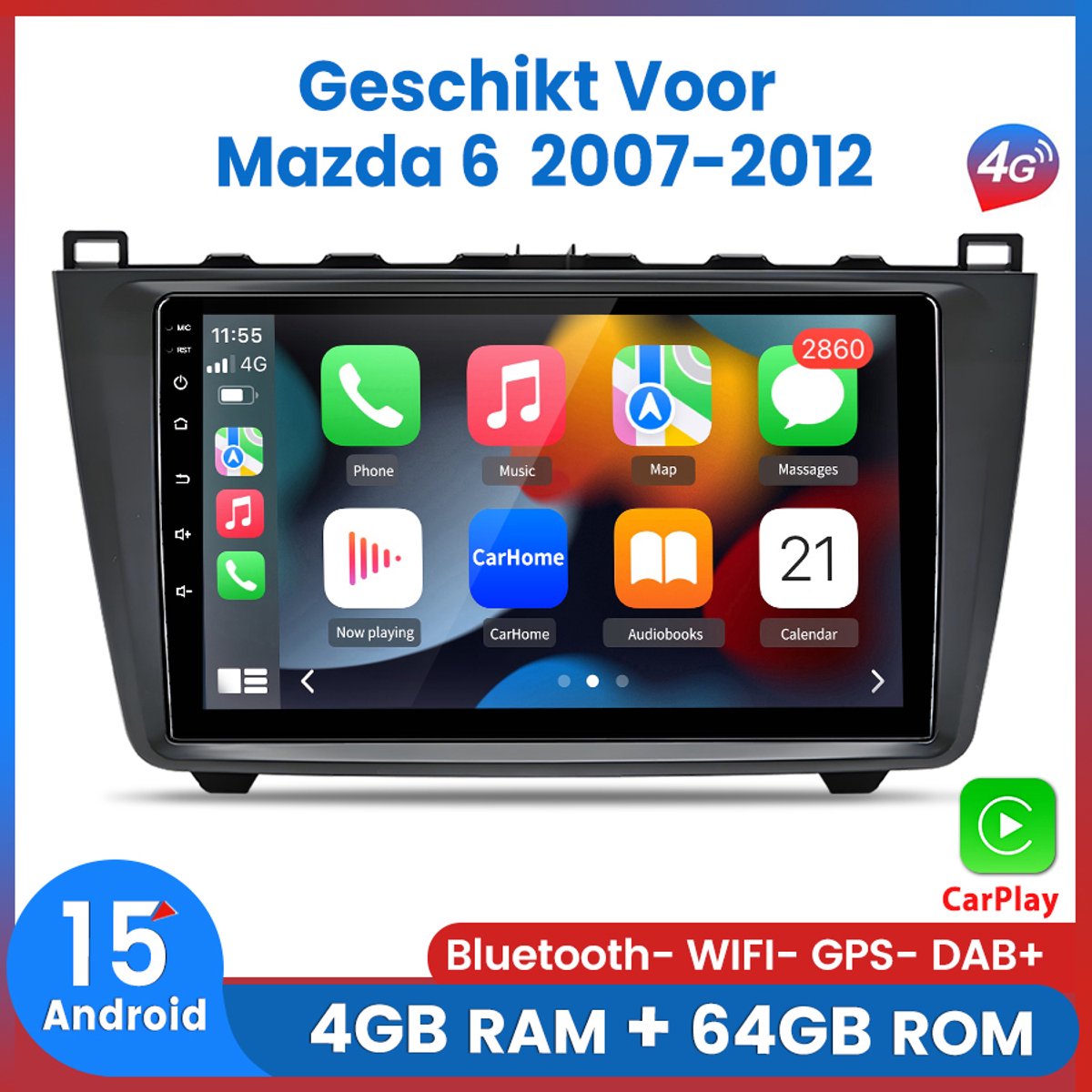 Awesafe 4+64GB 8-Kern V1PRO Android 15 Autoradio - Geschikt Voor Mazda 6 2007 t/m 2012 - Draadloos Apple Carplay & Android Auto - Ondersteuning BOSE systeem - GPS Navigatie RDS FM DSP 4G Wifi Bluetooth - Radio Scherm - 2007 2008 2009 2010 2011 2012