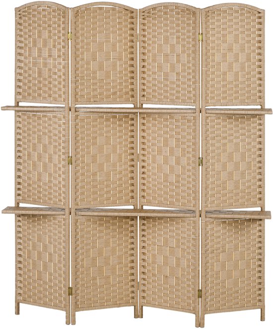 Opvouwbaar kamerscherm met vier panelen van beige gevlochten riet en twee geïntegreerde houten planken.