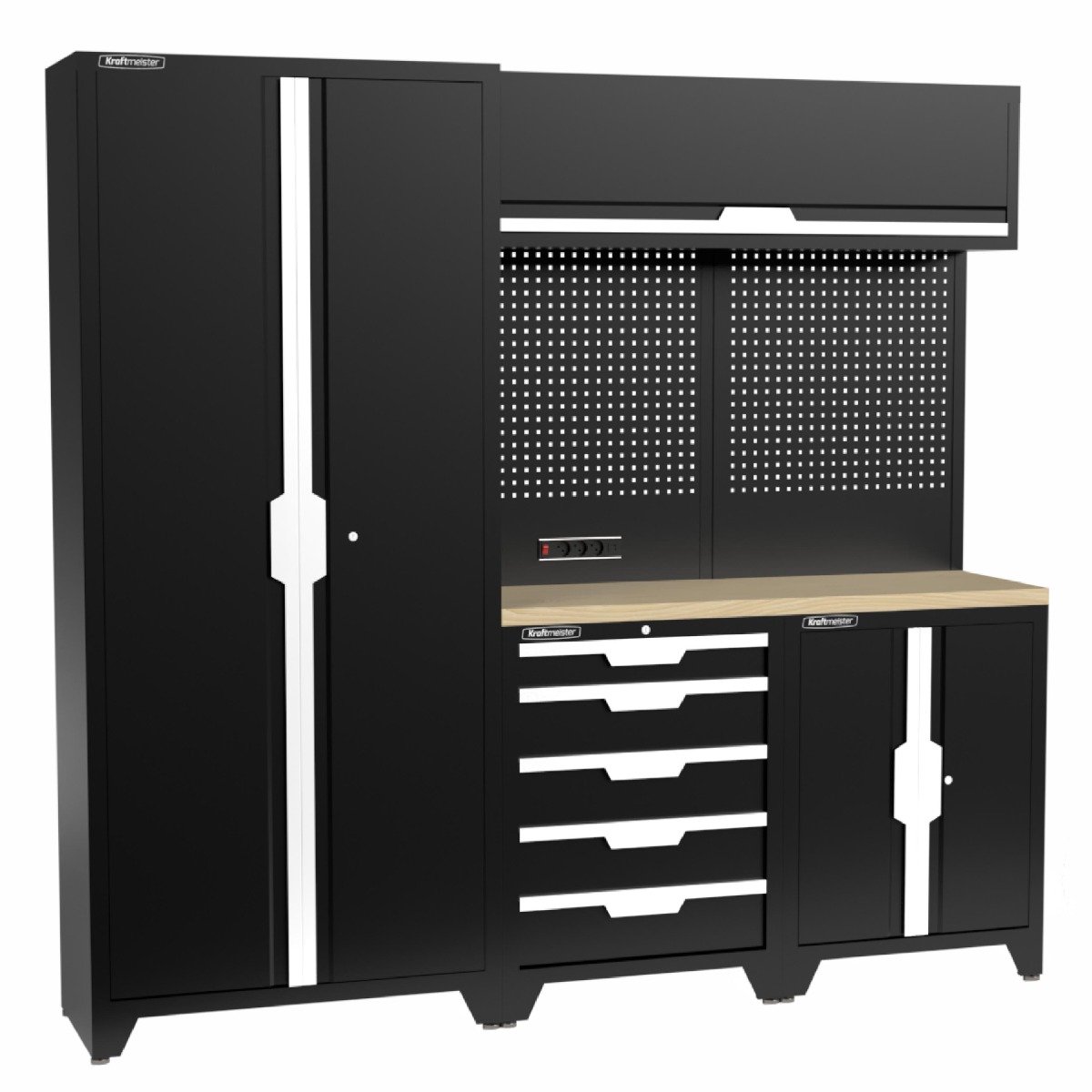 Kraftmeister werkplaatsinrichting - Werkbank met 1 wandkast, 1 werkplaatskast en multiplex werkblad - Werktafel met 5 laden, 1 opbergkast en gereedschapswand - Complete set voor werkplaats of garage - Zwart