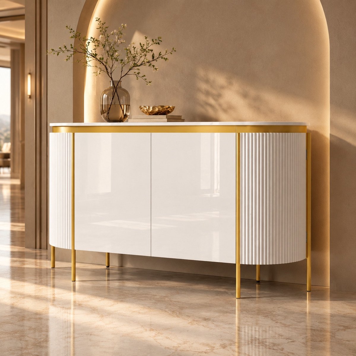 OKWISH Dressoir - Ovale Vorm Met Vier Deuren - Kabeldoorvoer En Verborgen Opbergruimte - Wit MDF - 140 x 38 x 80 cm