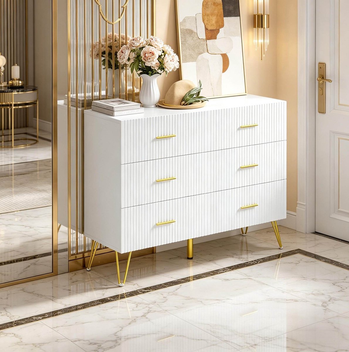 WUVRIE Ladekast 100 x 40 x 75 cm - 6 lades - Goudkleurige handgrepen en metalen poten - Wit/goud