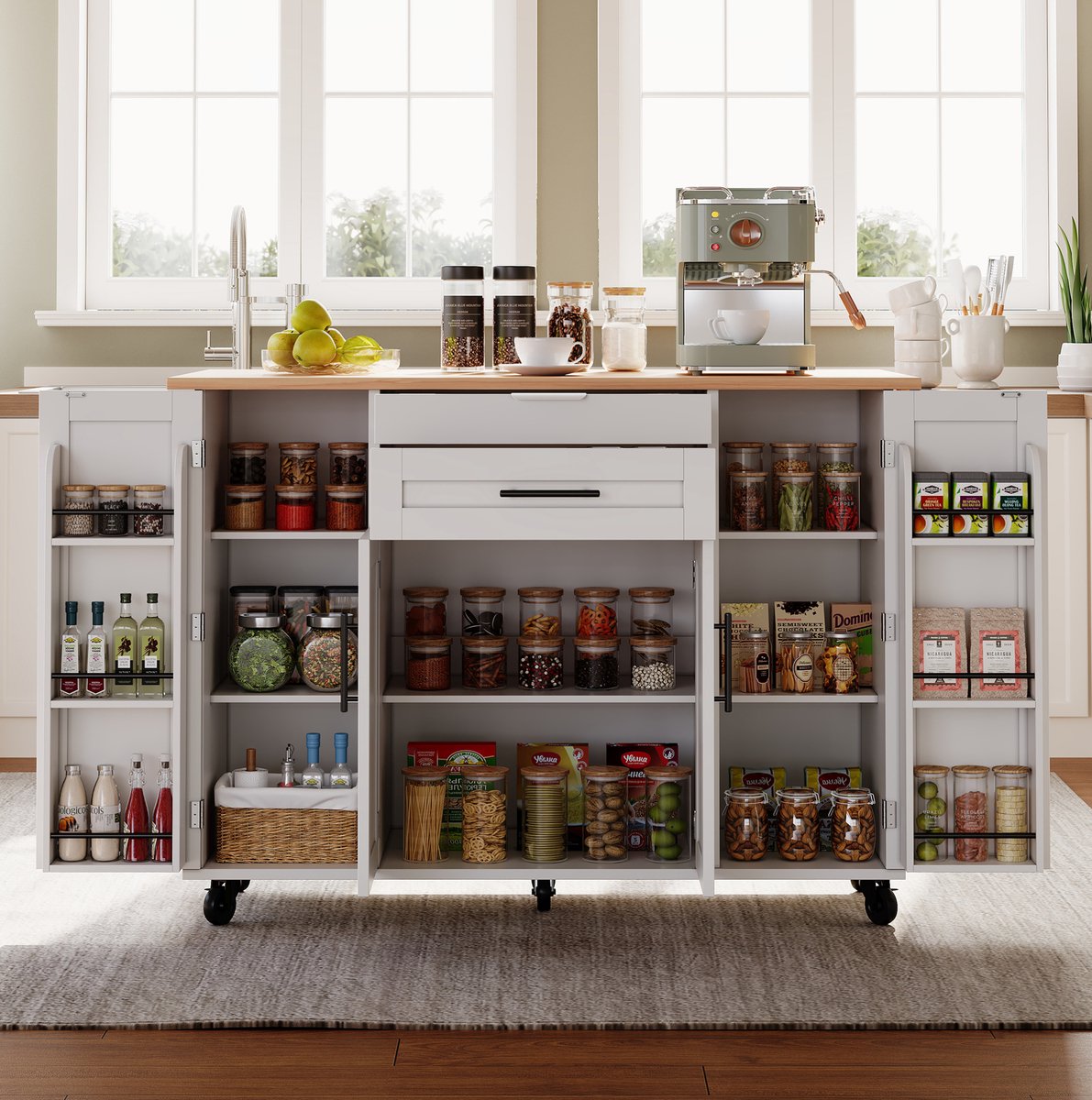 WUVRIE Keukeneiland op wielen 136x70x92 cm - Uitschuifbaar werkblad en 2 lades - Wit/naturel