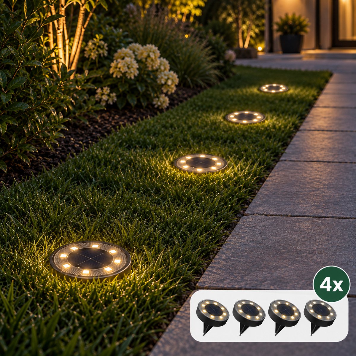 Nexeli NX-GS50B Solar Grondspots – Tuinverlichting – Voordeelset van 4 – 8 LED – Zonne-Energie – Warm Wit – IP65 Waterdicht – Zwart RVS