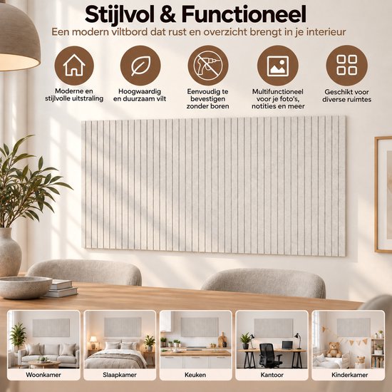 Lichtbruin viltbord met verticale ribbels, getoond in een woonkamer, slaapkamer, keuken en kantoor.