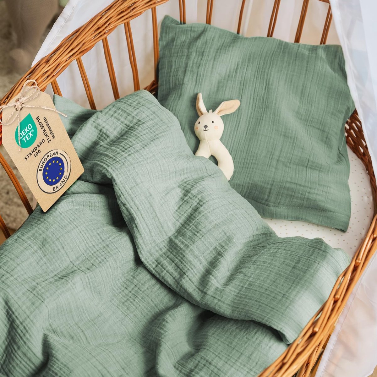 SnelShoppen - Crib Duvet Cover 80x80 cm - Babybed Laken van 100% Katoen - Inclusief Kussenhoes 35x40 cm - Ademend en Veilig - Groene Kleur - OEKO-TEX
