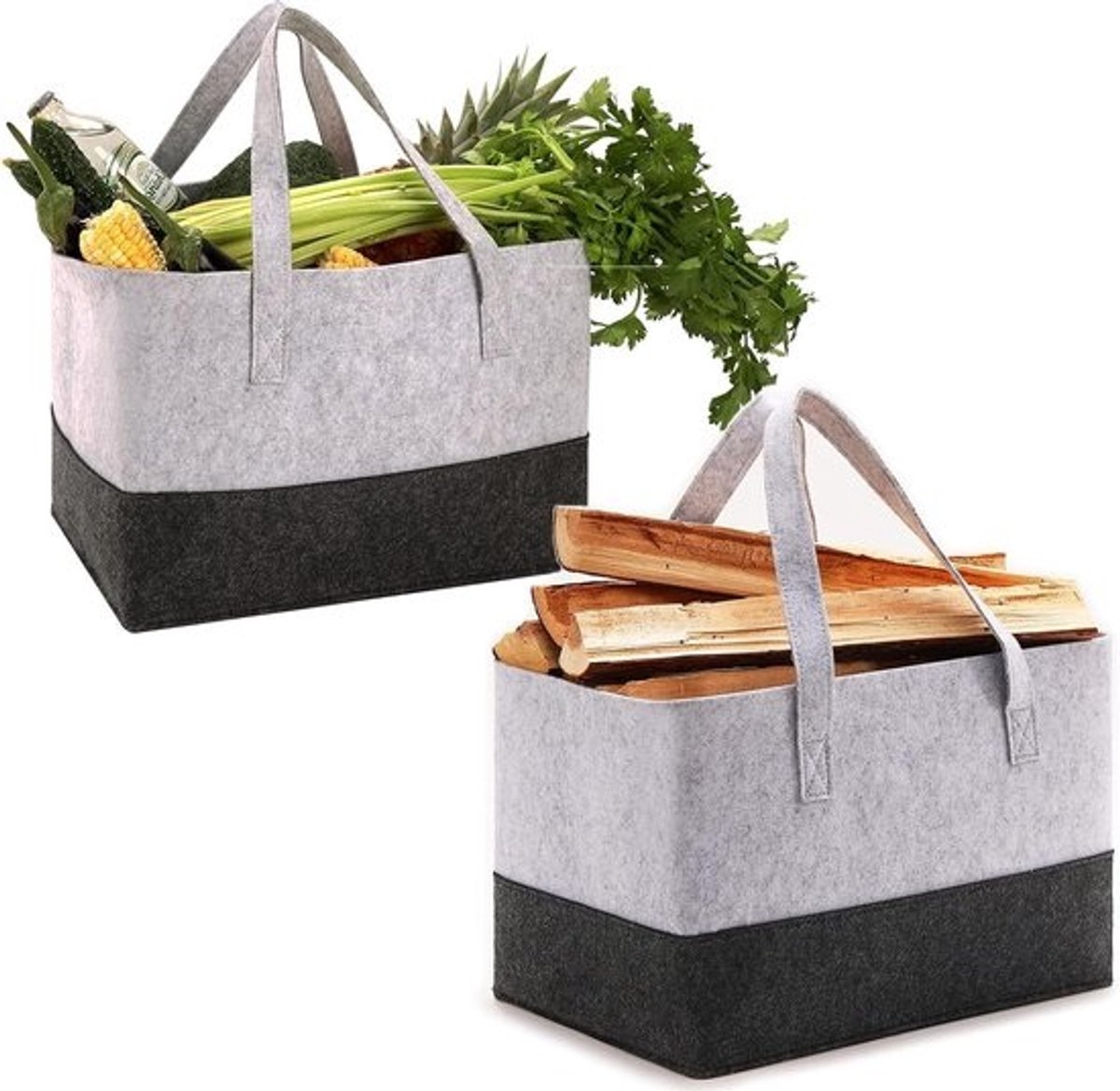 Haardhoutopslag - Houtopberging - Vilten shopper - Grote draagtas - Houten mand - Brandhoutopslag - 38x25x25 cm