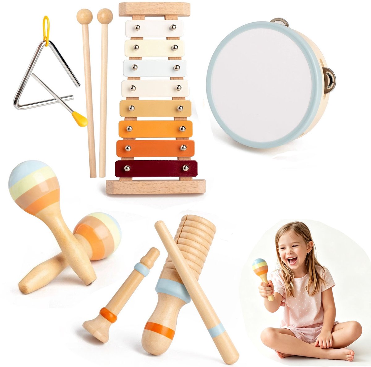 Montessori Early Learning 6-in-1 Houten Muziekspeelset | Muzikale Creativiteit Starterscadeaupakket Voor Kinderen Van 1-3 Jaar · Bevat Xylofoon, Zandshaker En Tamboerijn · Speelgoed Voor Sensorische Ontwikkeling Voor Ouder-kindinteractie