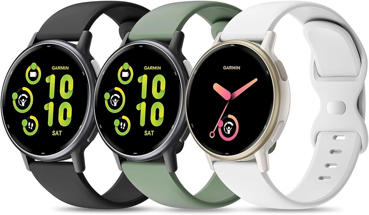 Garmin horlogeband 20mm - Drie reservebandjes - Siliconen sportarmband - Vivoactive 5 compatibel - Venu modellen geschikt - Verstelbare vlindergesp - Licht waterdicht materiaal - 3 stuks - Zwart groen wit - Pols 130-205 mm