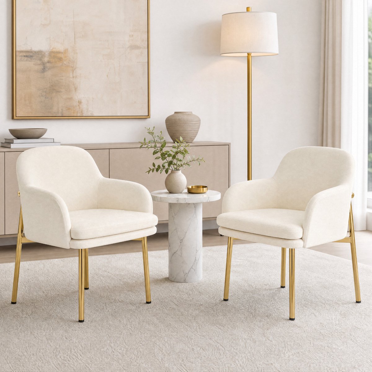 FloraGrace Eetkamerstoelen - Set Van 2 Met Armleuningen En Verstelbare Hoogte - Voor Eetkamer En Keuken - Polyester En Metaal - Wit