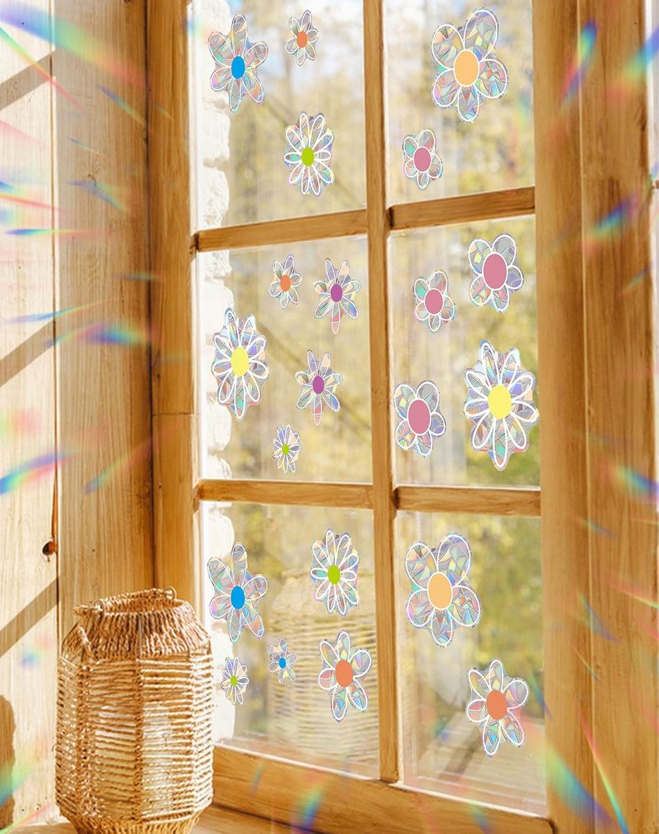 Raamstickers in bloemenvorm, elektrostatische folie voor glas, regenboogeffect, lentedecoratie voor thuis, kantoor, vitrines, herbruikbaar, zonder lijm