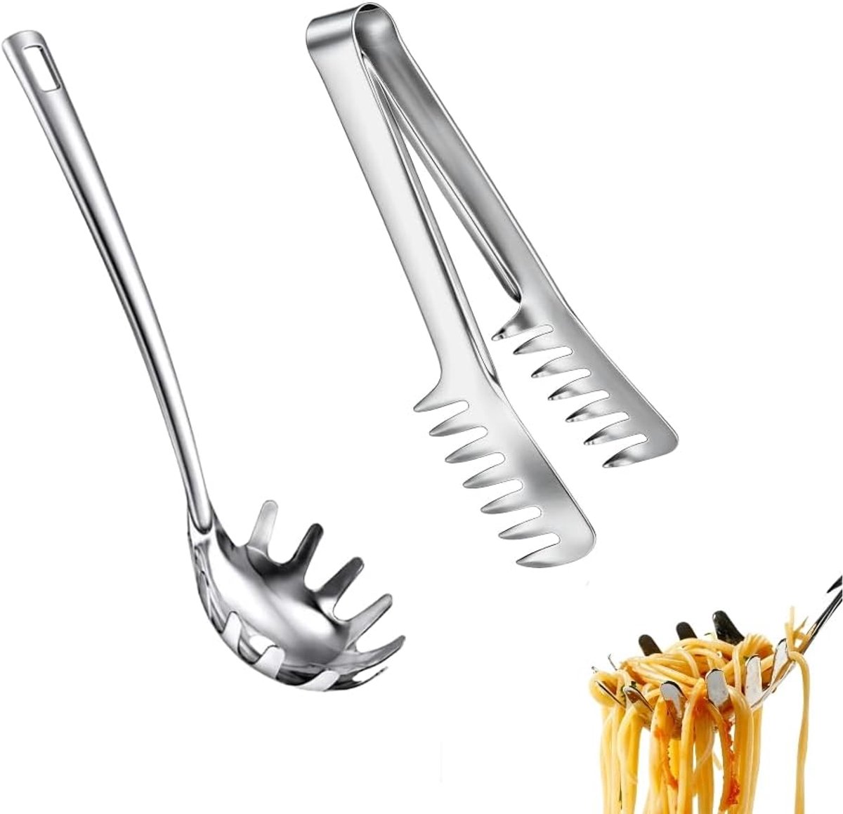 2 stuks spaghettilepel, pastangang van roestvrij staal, roestvrij keukenhulp met ergonomische handgreep, vaatwasmachinebestendig, voor pasta, salade, groenten