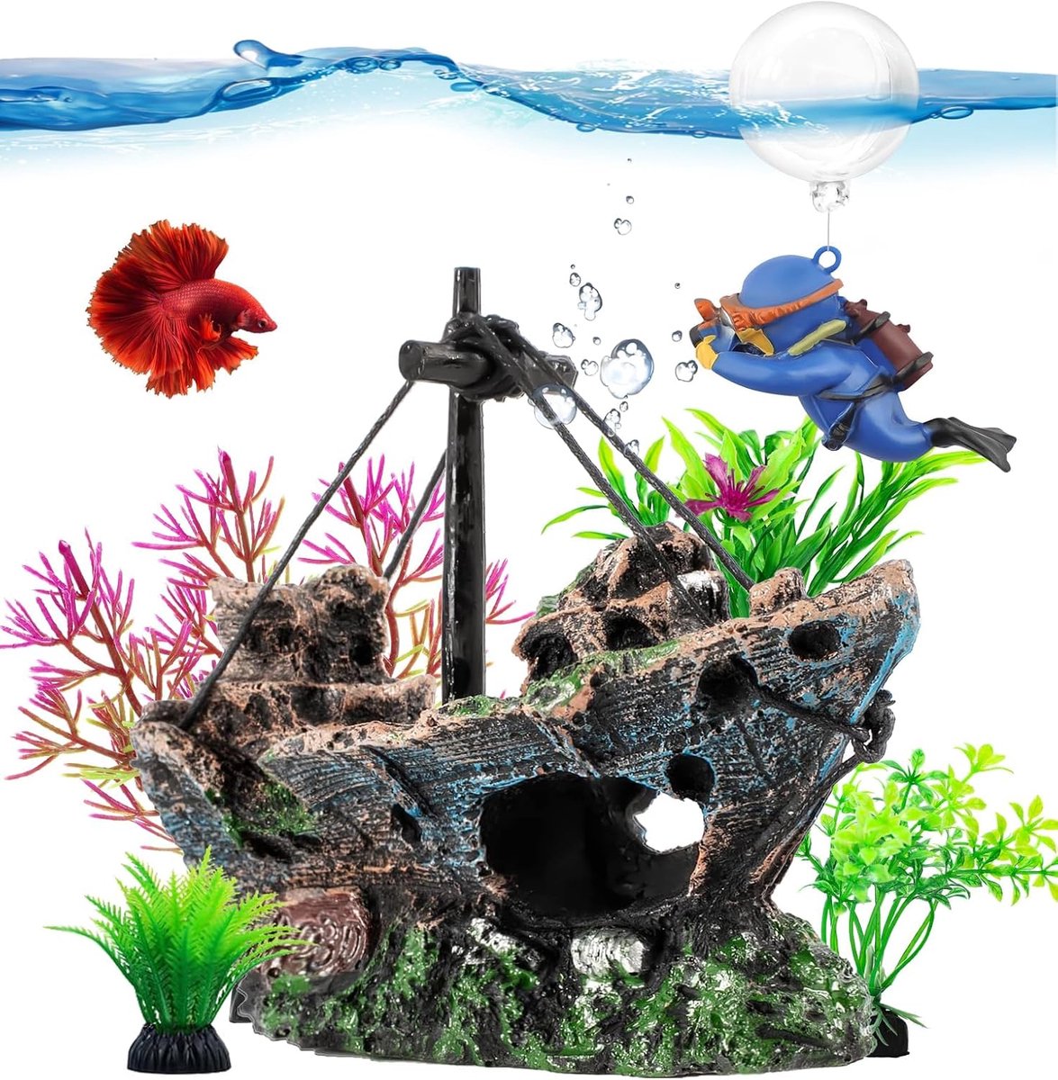 Scheepsrek, aquariumaccessoires, decoratieve planten, 6 stuks visbakdecoraties, drijvende duikers, aquariumdecoratie, waterplanten, kunstmatige voor vistank-decoratie