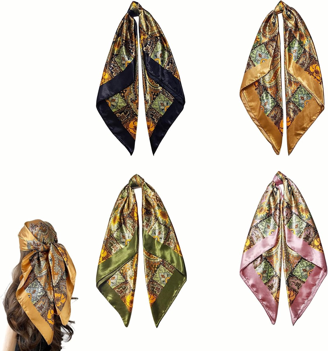 Set van 4 bandana's voor dames, 90 x 90 cm, hoofddoek voor dames, zomer, doek als haardoek en zijden doek, bandana-doek voor werk, reizen en dagelijks gebruik, ademend en veelzijdig