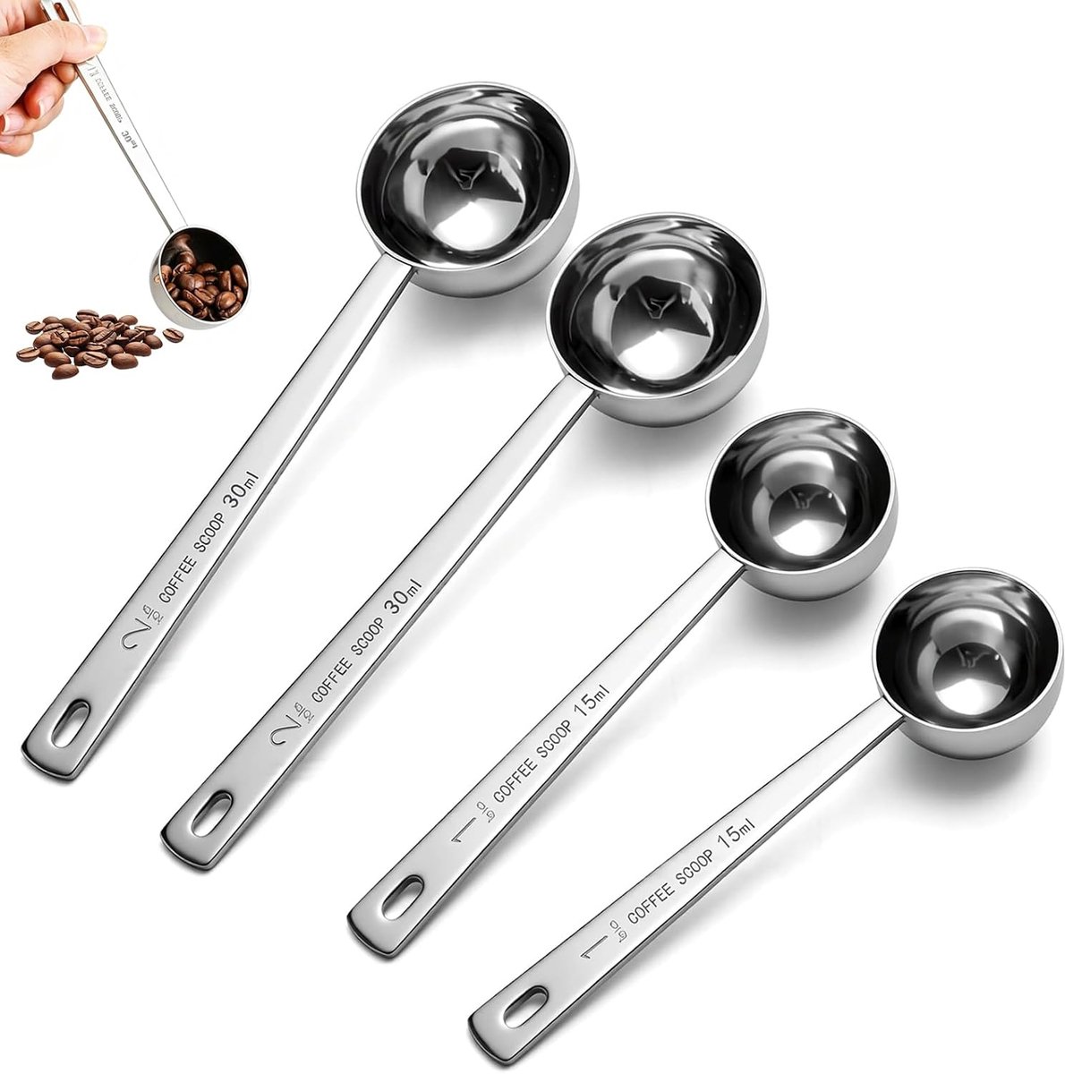 4 stuks koffiemaatlepels, koffielepel van roestvrij staal, maatlepel met lange handgreep, voor losse infusie, roze, koffie, specerijen (15 ml en 30 ml)