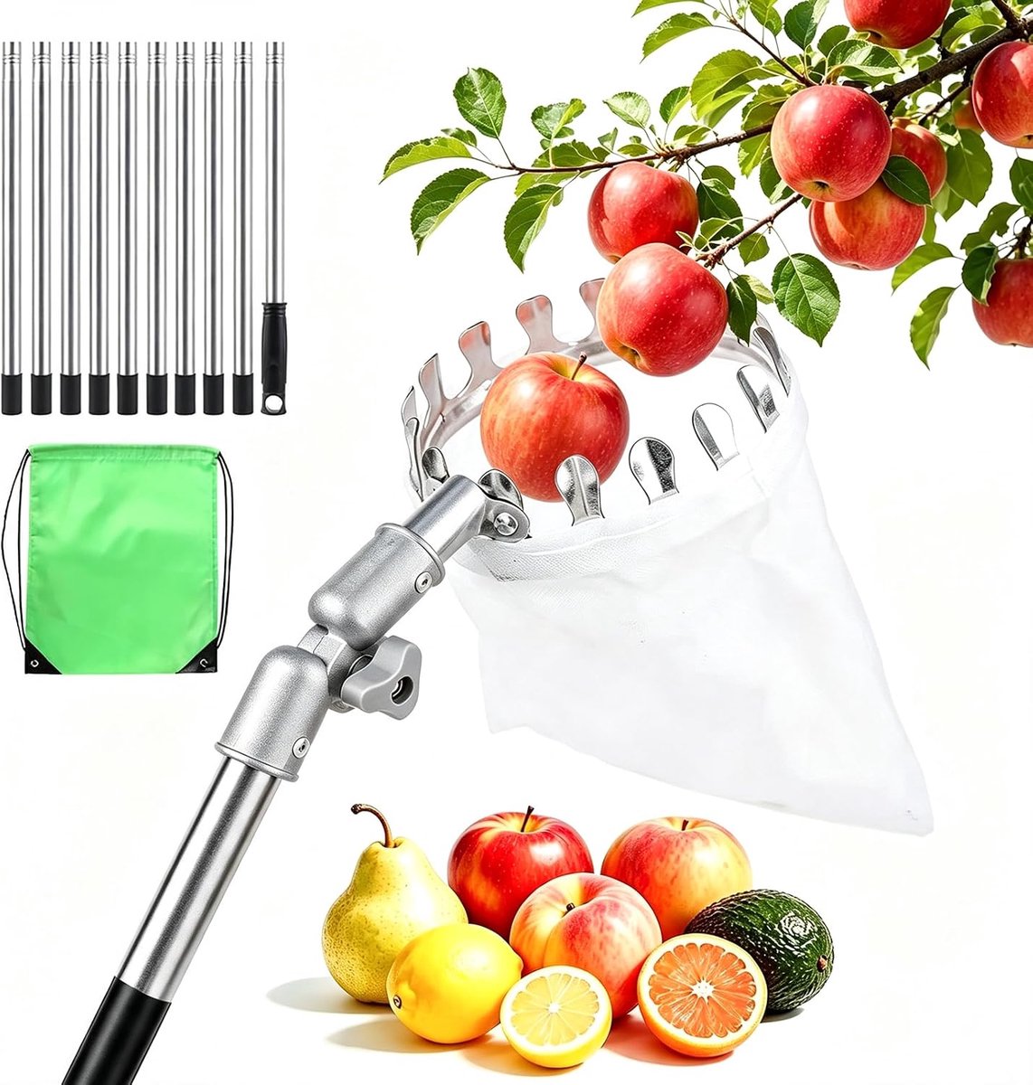 Fruitplukker met telescoopsteel 4 m, verstelbare plukkop voor fruit
