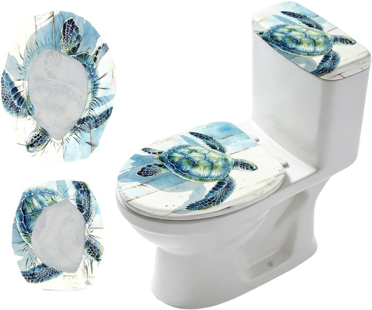 2 stuks zeeschildpad wc-dekselafdekking en tankafdekking, set rekbare afdekkingen, aquarel toiletbril, afdekkingen, stoffen sets, badkamer, vervanging