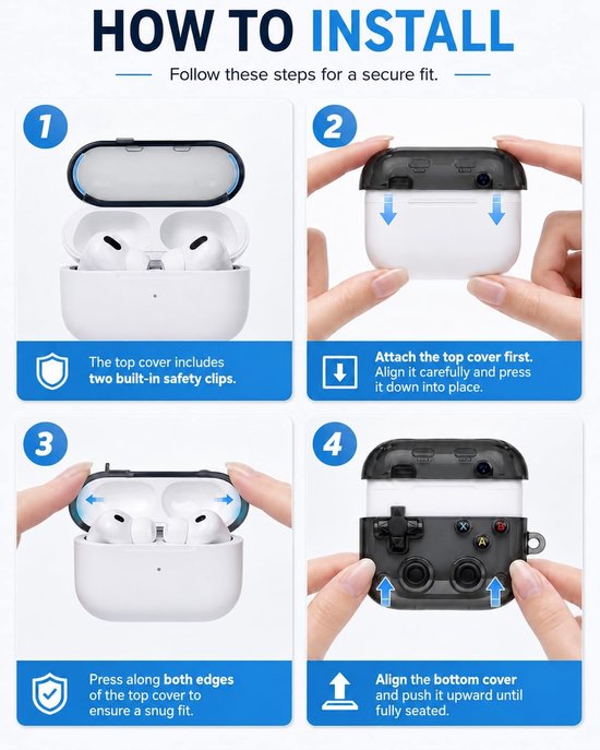 Hoes voor AirPods Pro 3 (2025) met drukknop, veiligheidsslot en reinigingsset, zachte TPU-beschermhoes, met praktische telefoonhouderfunctie voor AirPods Pro 3 case, transparant — afbeelding 5
