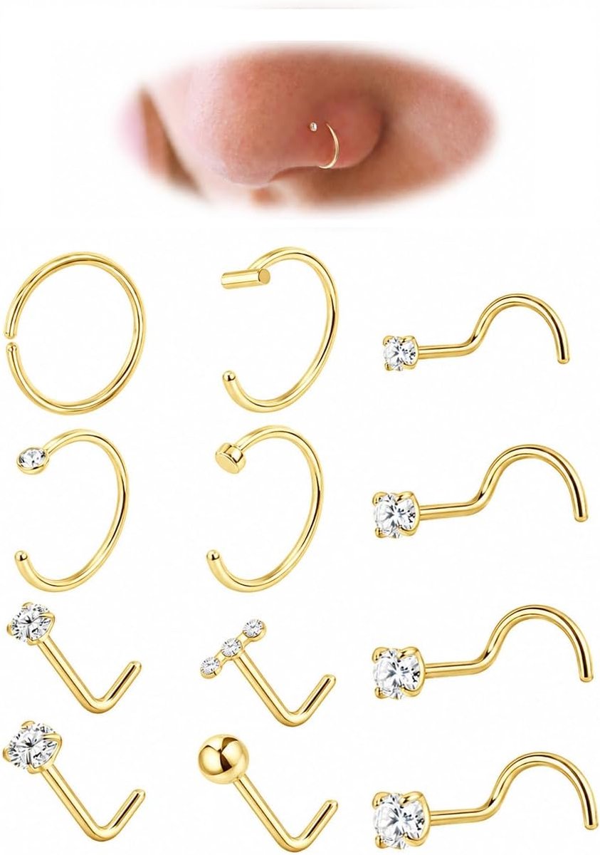 12 stuks 20G gouden neuspiercing