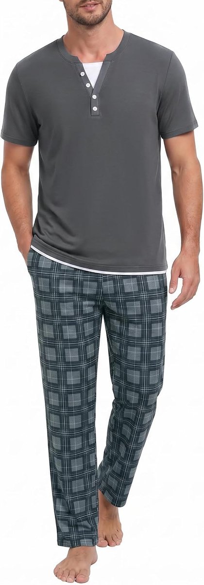 Herenpyjama met korte mouwen, Henley, tweedelig