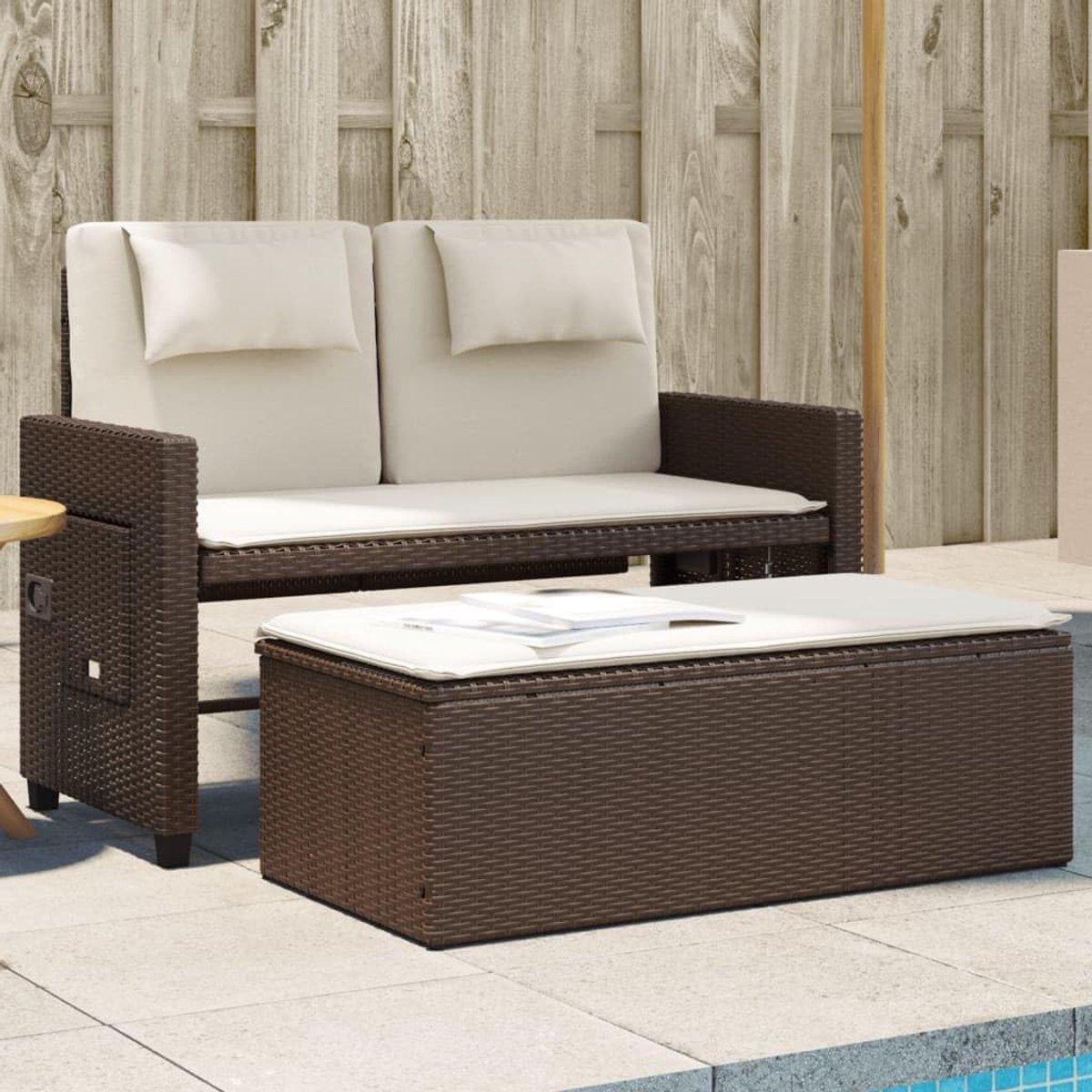 Rattan Tuinbankje Verstelbaar met Kussens Bruin 2-in-1 Loveseat Slaapbank Buitenzitbank met Verstelbare Rugleuning Opklapbare Bijzettafel Weerbestendig Tuinmeubel voor Terras 110kg per Zitplek