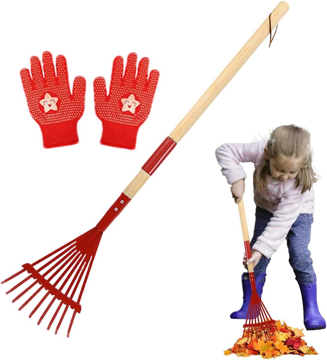 27 cm Houten Steel met Handschoenen | Kindertuin Hark Voor gazononderhoud, bodem egaliseren, buitenverkenning en tuinwerkzaamheden