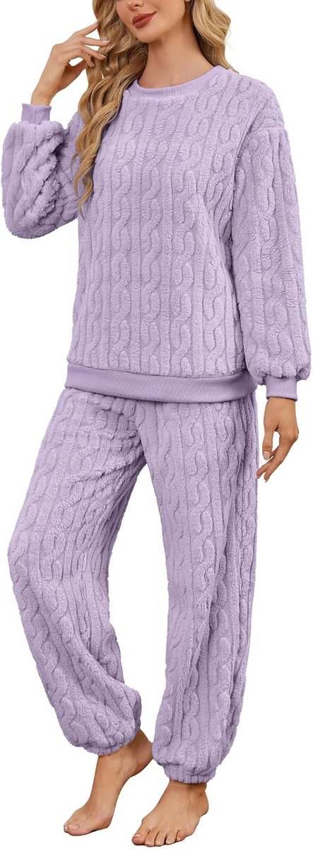 Fleece set, warm, winter, pluizig, 2-delige pyjama, thermische top met lange mouwen en zachte, gezellige bodems met zakken, dames, pluche, losse pasvorm, loungewear, nachtkleding