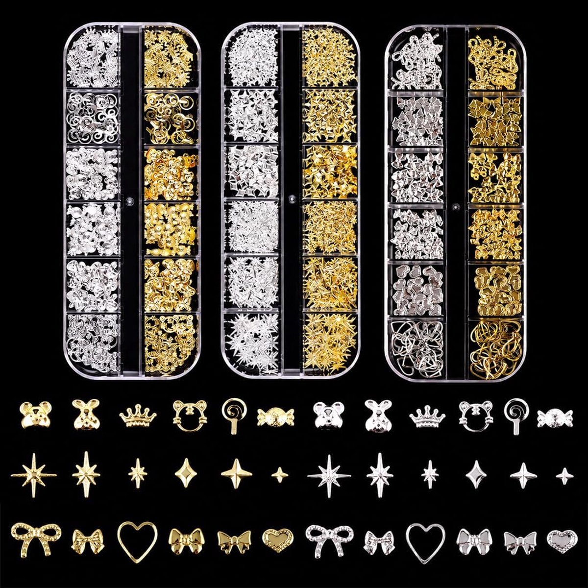 3 dozen voor het ophangen van nagels, 36 soorten, goud en zilver, strikken, accessoires, nageldesign, metaal, standaard, meerkleurig