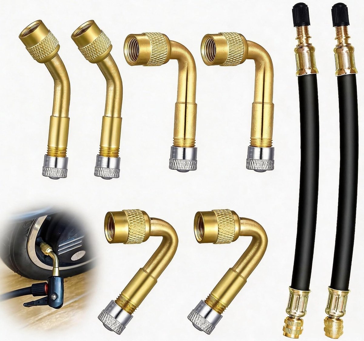 8 stuks bandventielverlengingsset, ventielverlenging, autoventiel met 45°, 90°, 135° messing adapter en 2 × 180 mm flexibele verlenging, voor auto, motorfiets, vrachtwagen, fiets, camper