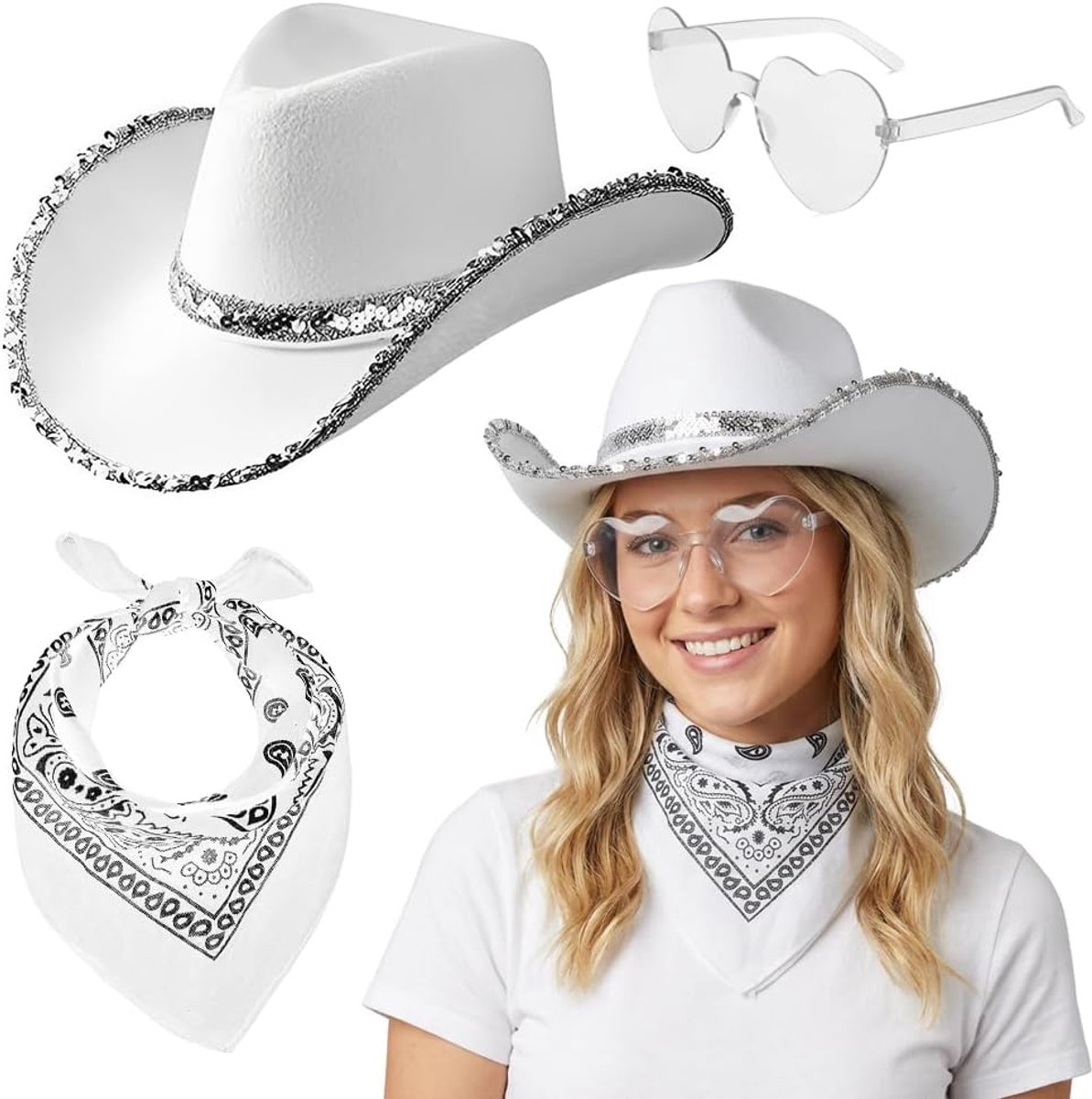 Cowboyhoed met hartvormige bril en halsdoek, vilten hoed met pailletten voor westernkostuum, feestjes en festivals, 3-delige set
