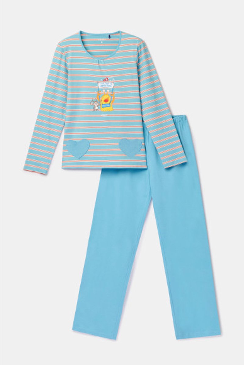 Woody Meisjes-Dames pyjama blauwe streep - maat M