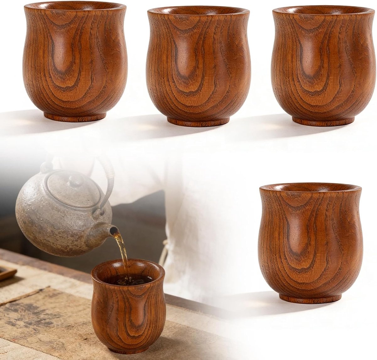 4 stuks natuurlijk houten drinkbekers van hout, houten bekers van 150 ml, platte bodem, eenvoudige bekers voor koffie, houten theeset, koffiemokken, voor thuis en op kantoor, donkerbruin