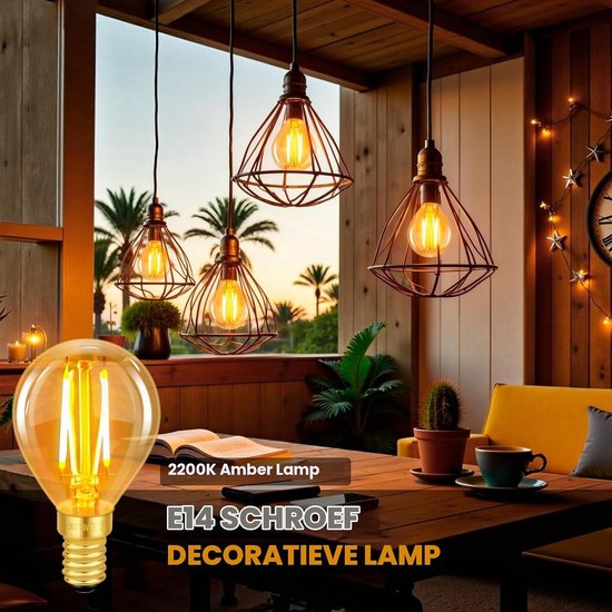 Vintage E14 Edison Schakelaar Lamp, 2W LED Filament 20 Watt Equivalent, Antieke Retro Amber Glas 2200K Warm Wit, 200LM, AC 220V, Niet Dimbaar, Mini G45 Golfbal Verlichting, Set van 6, Energiezuinig en Duurzaam — afbeelding 2