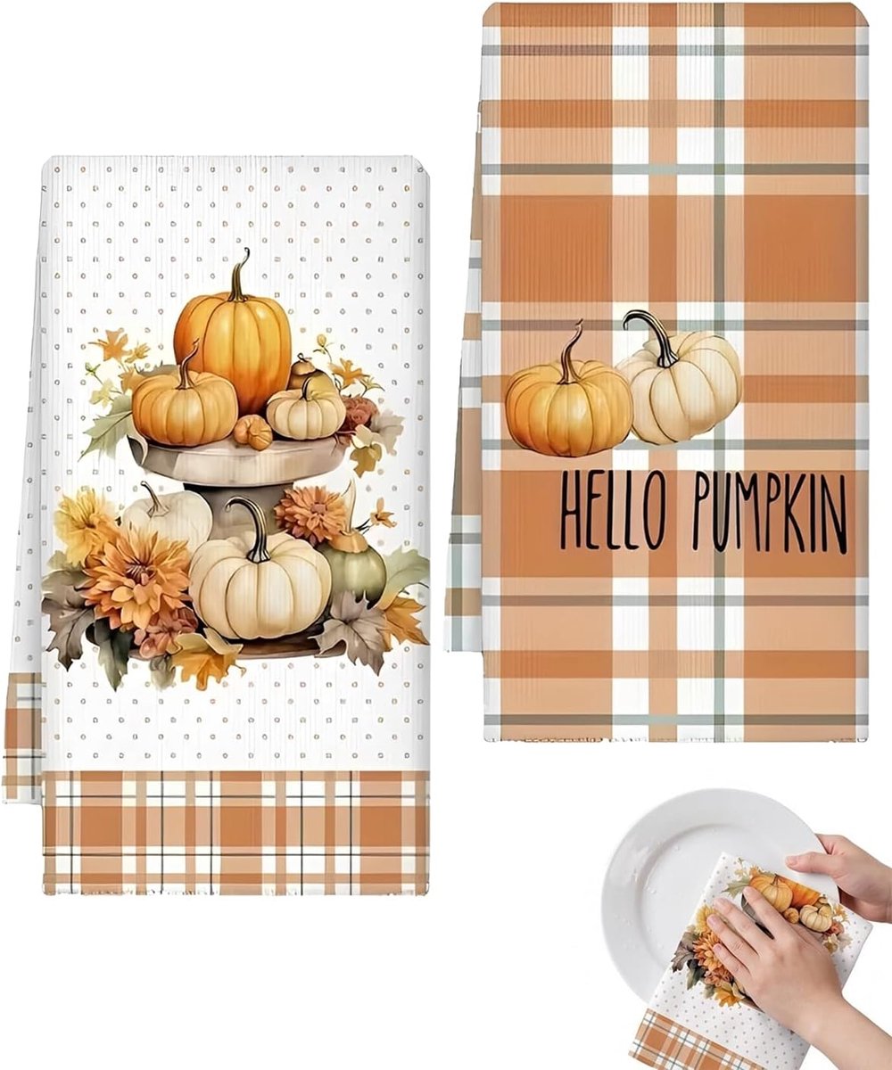 Set van 2 herfstdoeken met esdoornbladeren en pompoenen voor keuken, herfstdoek (40 x 60 cm) (oranje) (A)