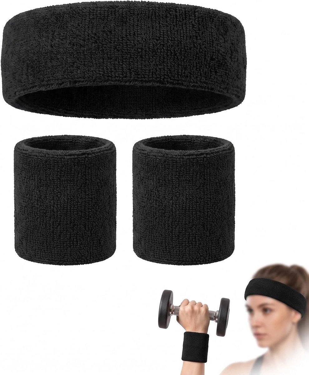 Zwart, 3-delige set hoofdband en polsbanden, zweetabsorberend en antislip, comfortabele wedstrijdbescherming voor fitness, hardlopen en gymnastiek